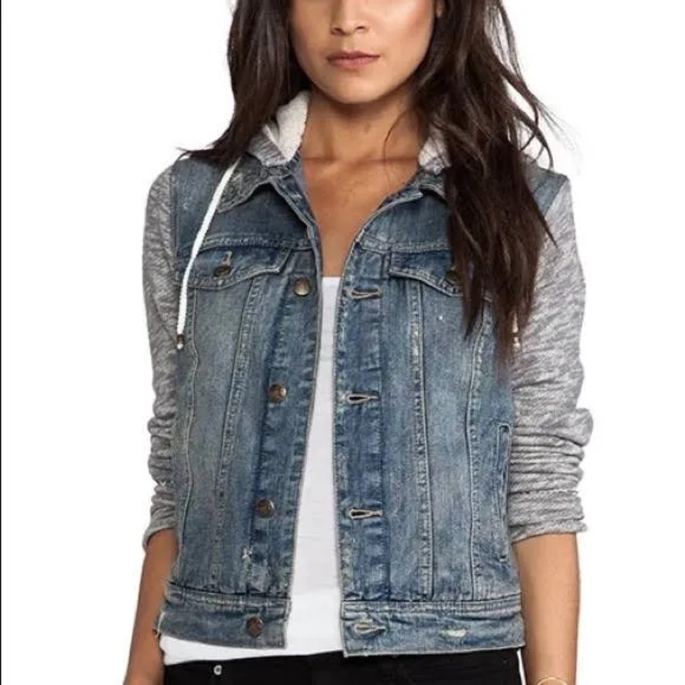 FREEPEOPLE Cotton Denim Jean Knit Hoodie Collared Layered Jacket Blue Gra
